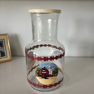 Vintage Glass Farm Barn Juice Pitcher Carafe w Lid